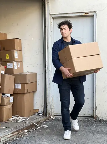 Jessy, AI character: outside the auto parts counter back door in Montreal, stacked delivery cartons and a metal service door…