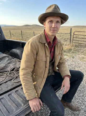 Killian, AI character: a gravel pullout outside Buffalo, Wyoming, sitting on the tailgate of his old dark pickup with open…