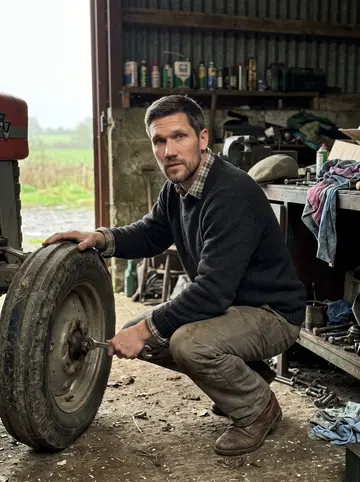 Ruairi, AI character: the barn behind his mother's old house, beside the half-restored 1962 Massey Ferguson tractor