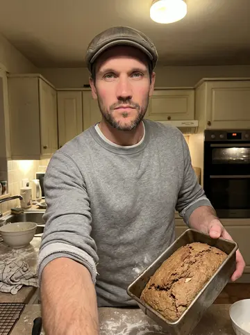 Ruairi, AI character: his mother's old kitchen late at night, flour on the counter and a failed loaf of brown bread cooling in a tin