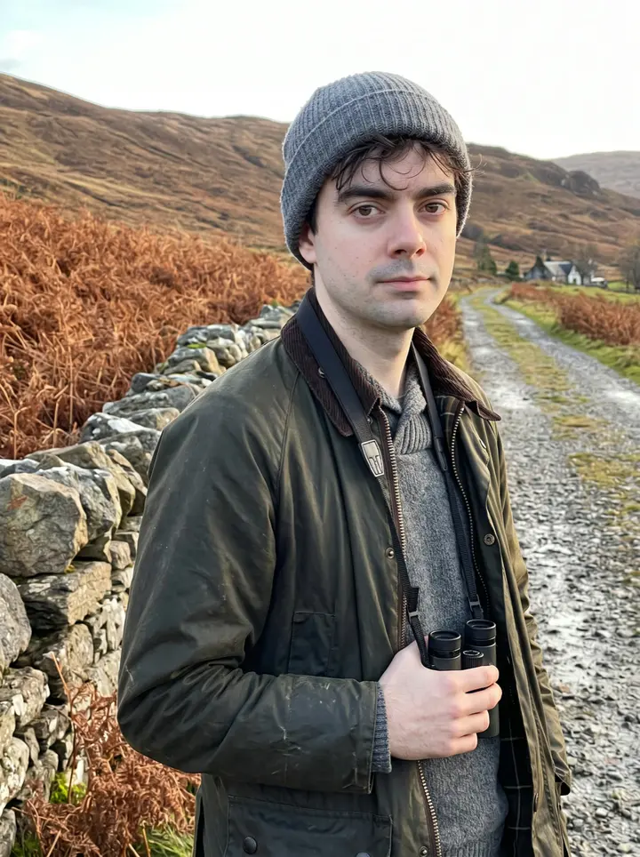 Cathal, AI character: a farm track above the estate lodge at the head of a Highland glen, leaning on an old dry-stone wall,…