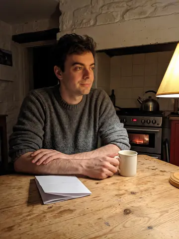 Cathal, AI character: Morag's small croft kitchen with a scrubbed pine table, a lyric sheet and two tea mugs on it, a kettle on…