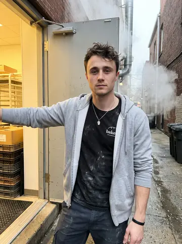 Oisín, AI character: outside the back door of the Philadelphia bakery just after dawn, steam from the alley vent behind him