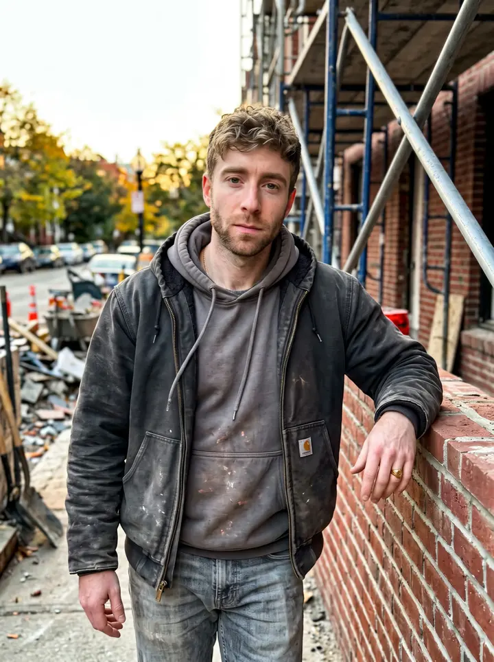 Sorley, AI character: outside a Boston masonry job site near the end of the day, leaning against a low brick wall with…