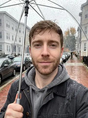 Sorley, AI character: the sidewalk in front of his Dorchester triple-decker, a small kids' bike upside down beside a stoop railing