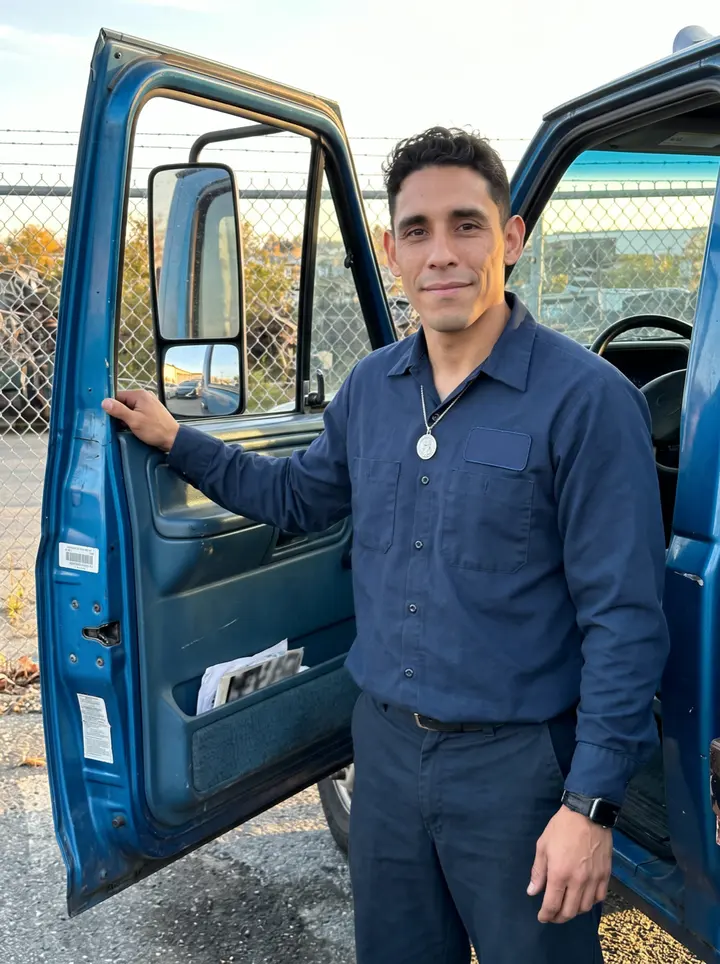 Giuseppe, AI character: the edge of a Providence tow yard at low autumn sun, one arm hooked over the open door of his tow truck