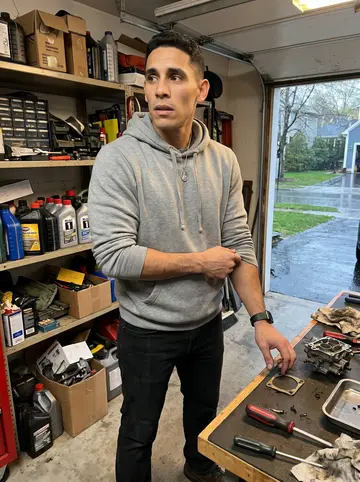 Giuseppe, AI character: a friend's narrow garage in Providence on a rainy Thursday evening, carburetor parts laid out on a stained…