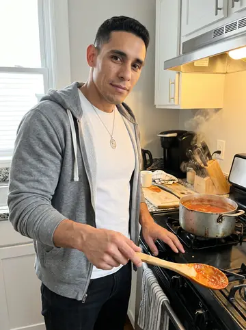 Giuseppe, AI character: his small Federal Hill kitchen on a Sunday morning, a dented old pot of red gravy simmering on the stove
