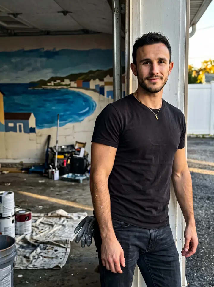 Daniele, AI character: the open garage behind his Staten Island place, half-finished Naples mural visible on the wall behind him