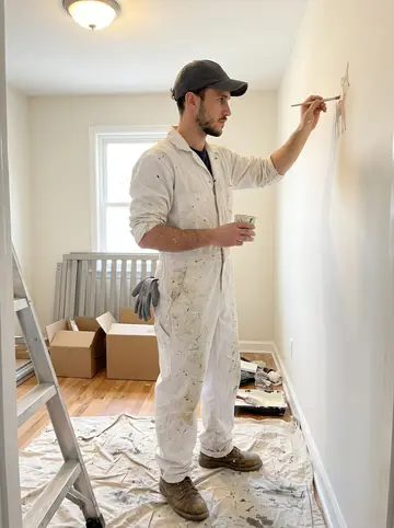 Daniele, AI character: a small Staten Island row house nursery with drop cloths down and a pale wall half-painted
