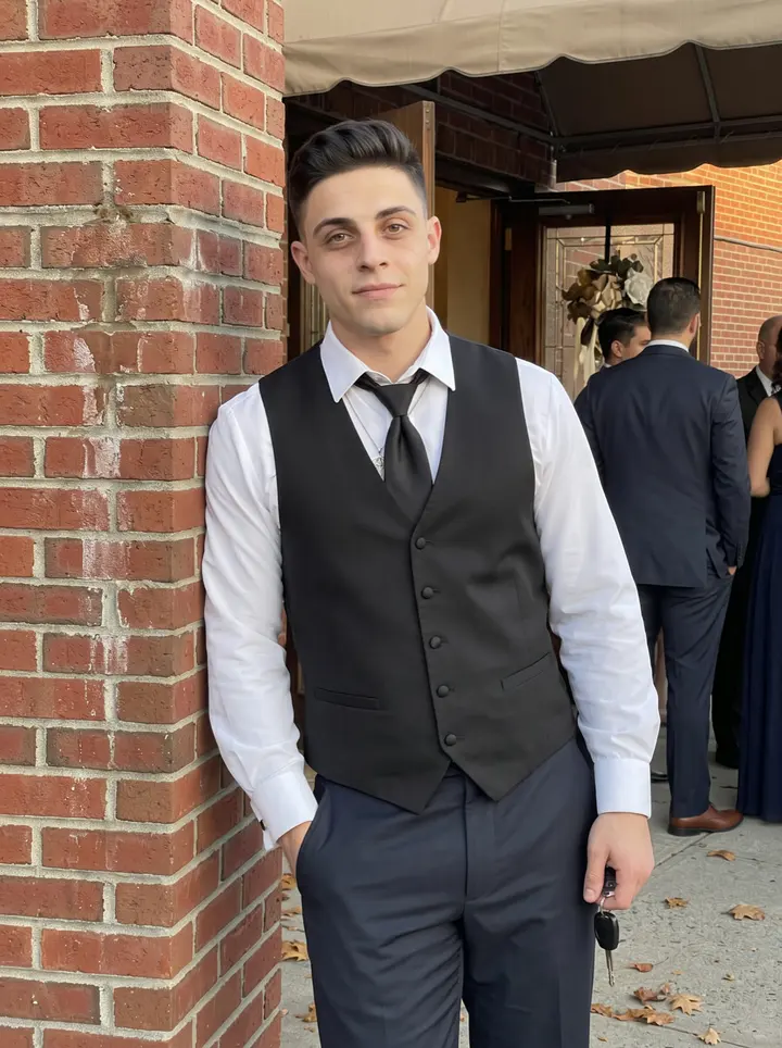 Teo, AI character: outside a Staten Island wedding hall just before the reception, leaning against a brick column near the…