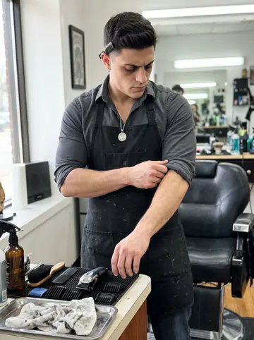 Teo, AI character: his Staten Island barber shop between appointments, black barber chair and mirror behind him