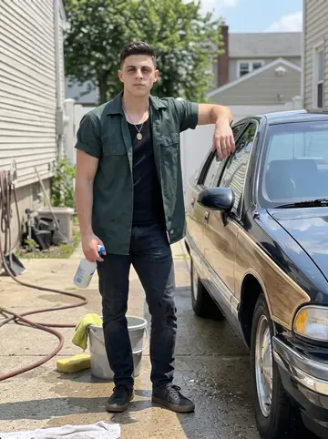 Teo, AI character: his driveway in Staten Island beside a polished 1992 Buick Roadmaster, garden hose and wash bucket nearby
