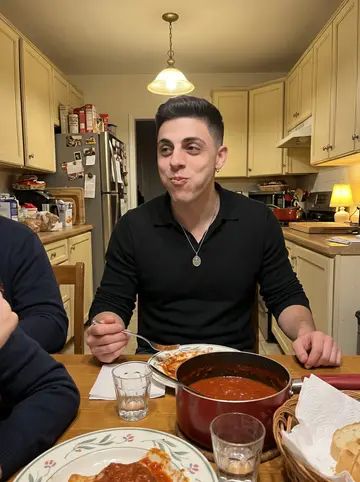 Teo, AI character: crowded family kitchen during Sunday gravy, red sauce pot and plates on the table, relatives cropped…