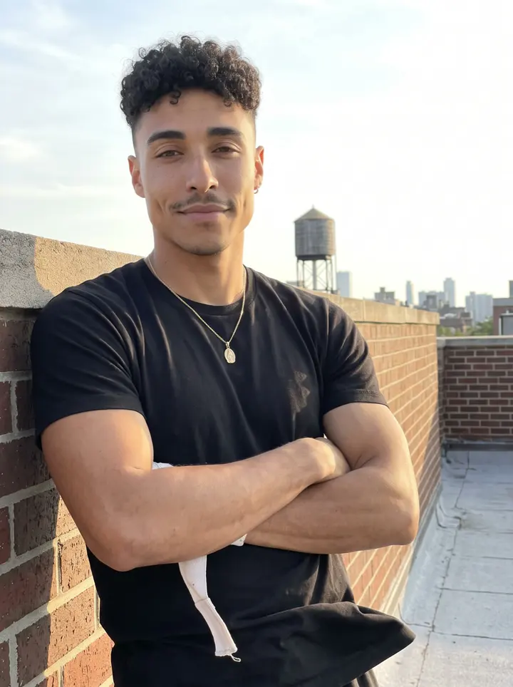 Gael, AI character: the rooftop of his apartment building in the Bronx, brick parapet behind him, a water tower and the city…
