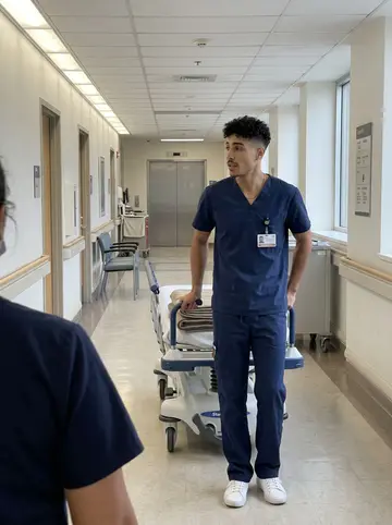 Gael, AI character: a long hospital corridor in the Bronx near the elevators, with a stack of folded blankets on the gurney