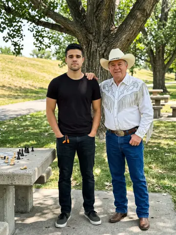 Saul, AI character: a dirt lot outside El Paso where his family's company Hernández Pyro runs a July show, white work trucks…