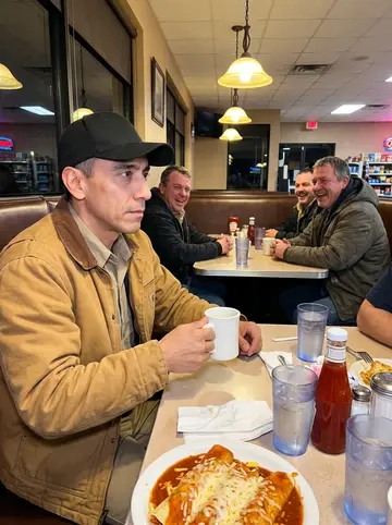 Lalo, AI character: a booth in a 24-hour truck stop diner south of Amarillo, late at night, a plate of enchiladas and a mug of…