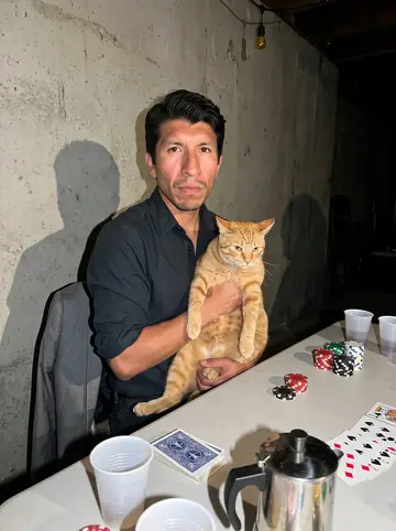 Dario, AI character: a home poker game in a Laredo warehouse, a folding table with chips, plastic cups and a coffee pot of…