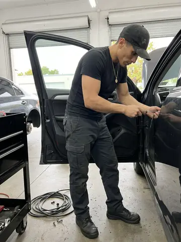 Óscar, AI character: inside his custom car shop in Hialeah, next to an open car door and a tool cart