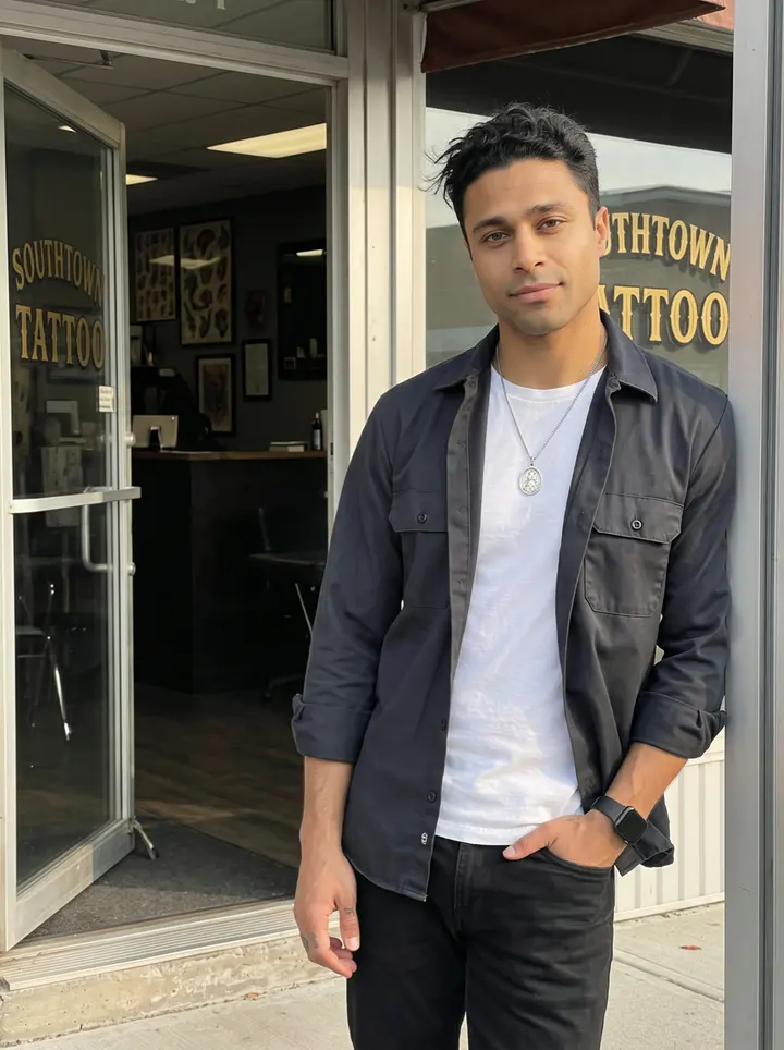 Axel, AI character: outside the Southtown tattoo shop just before opening, standing in the doorway with the glass door propped…