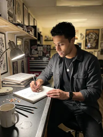 Axel, AI character: inside the tattoo shop after close, seated at the front counter with flash sheets, graphite pencils,…