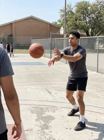 Axel, AI character: Sunday pickup basketball at a church court in San Antonio, chain-link fence, painted court lines, and low…