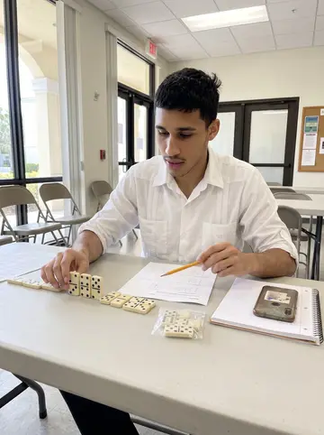 Reynaldo, AI character: a public library community room in Hialeah before Saturday tutoring starts, dominoes and a math worksheet…