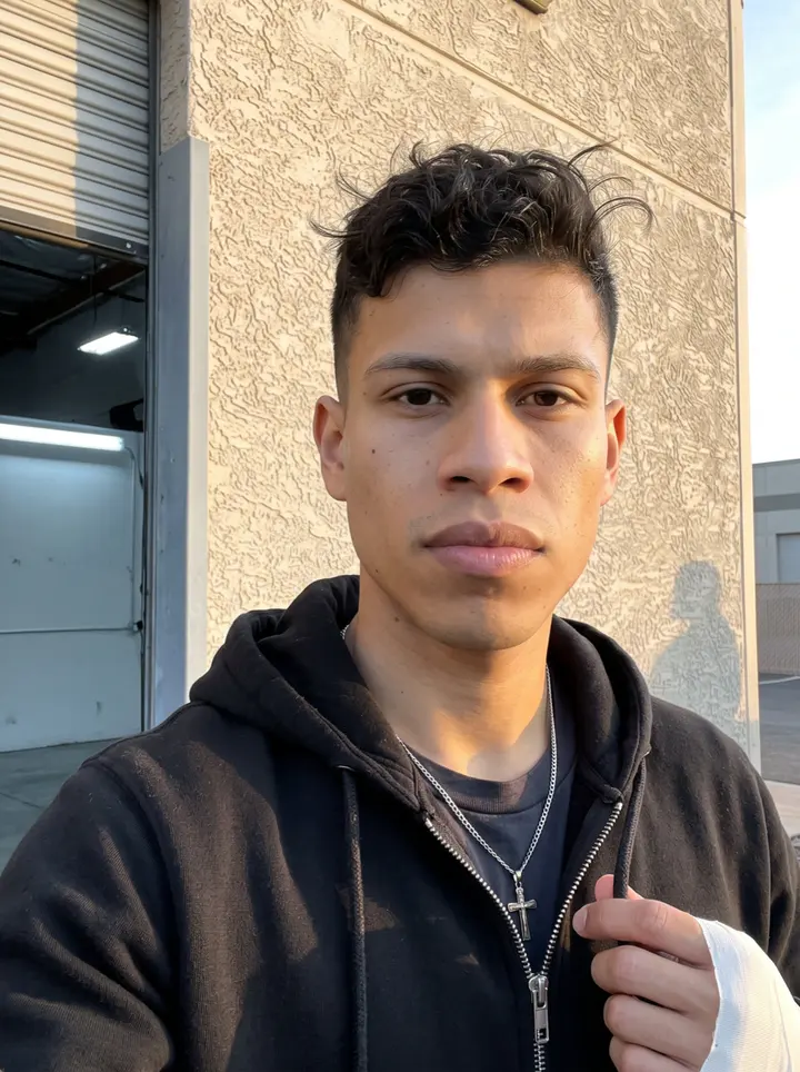 Gonzalo, AI character: outside the rented storage unit in Phoenix at low evening sun, the roll-up door half open and a heavy bag…