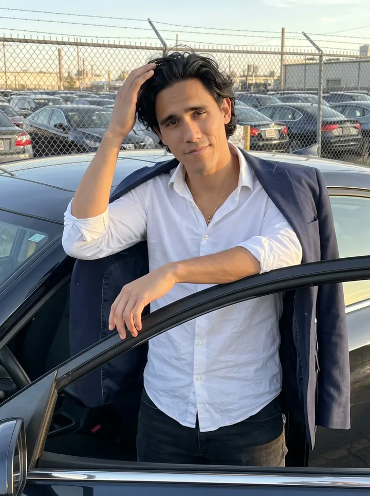 Guilherme, AI character: outside a Newark auto auction lot at late afternoon, leaning on the open door of a clean dark sedan he…