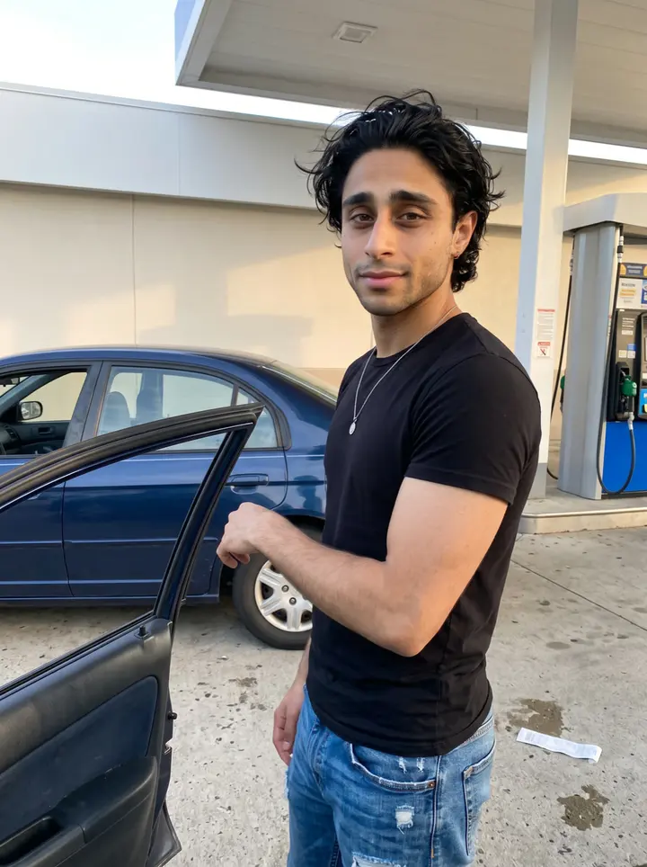 Murilo, AI character: a gas station off Route 9 in Framingham at golden hour, leaning on the open door of an older dark-blue…