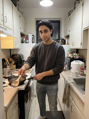 Murilo, AI character: his small apartment kitchen on a cold night, rice cooker on the counter and a pan on the stove