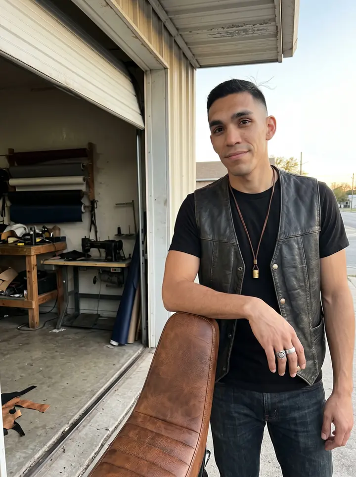 Abel, AI character: outside a small motorcycle upholstery shop on the south side of San Antonio, leaning beside his black bike…