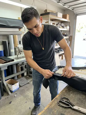Abel, AI character: inside his motorcycle seat upholstery bay, with vinyl rolls, a heavy workbench, and an old industrial…