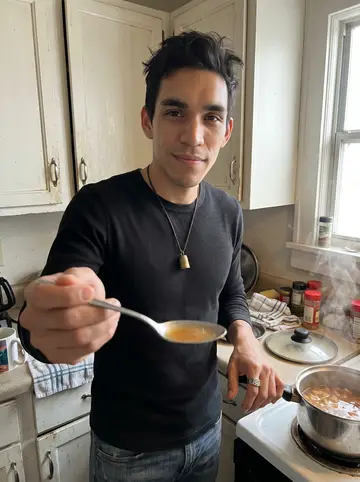 Abel, AI character: his small San Antonio kitchen on a cold morning, a pot of menudo steaming on the stove and folded dish…