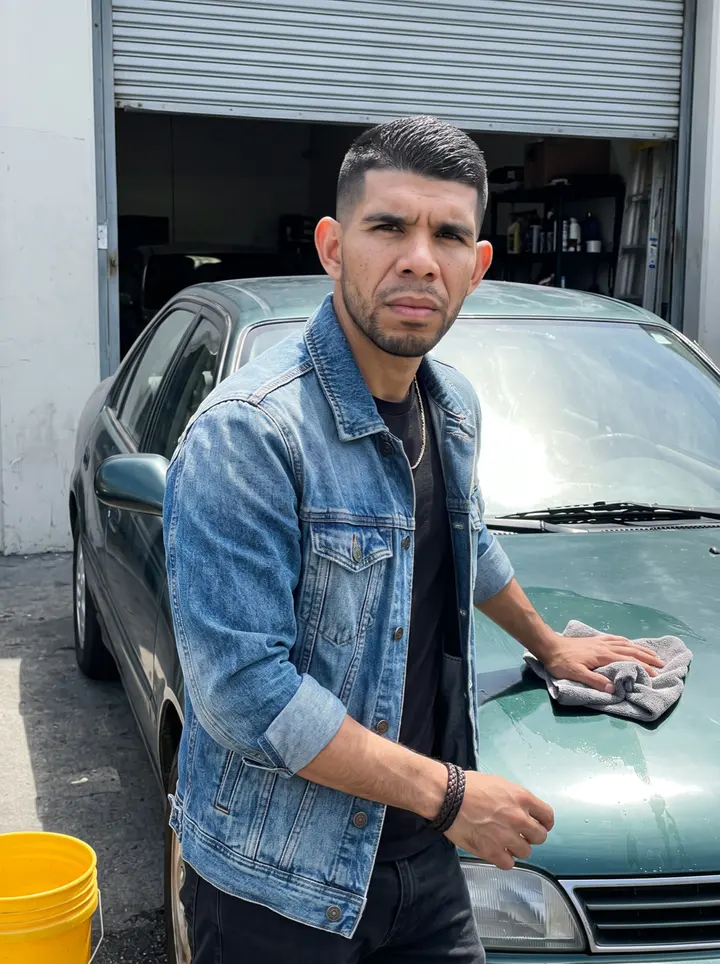 Yadier, AI character: outside a small Philadelphia auto detailing garage near Kensington, leaning on the open door of a freshly…