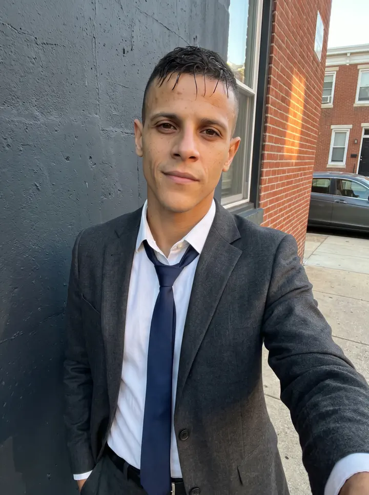 Renan, AI character: outside the small boxing gym in Newark after the Saturday kids class, brick wall and gym door behind him