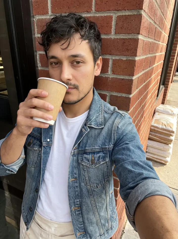 Odhran, AI character: outside the back door of his San Antonio bakery after the morning bake, leaning against the brick wall…