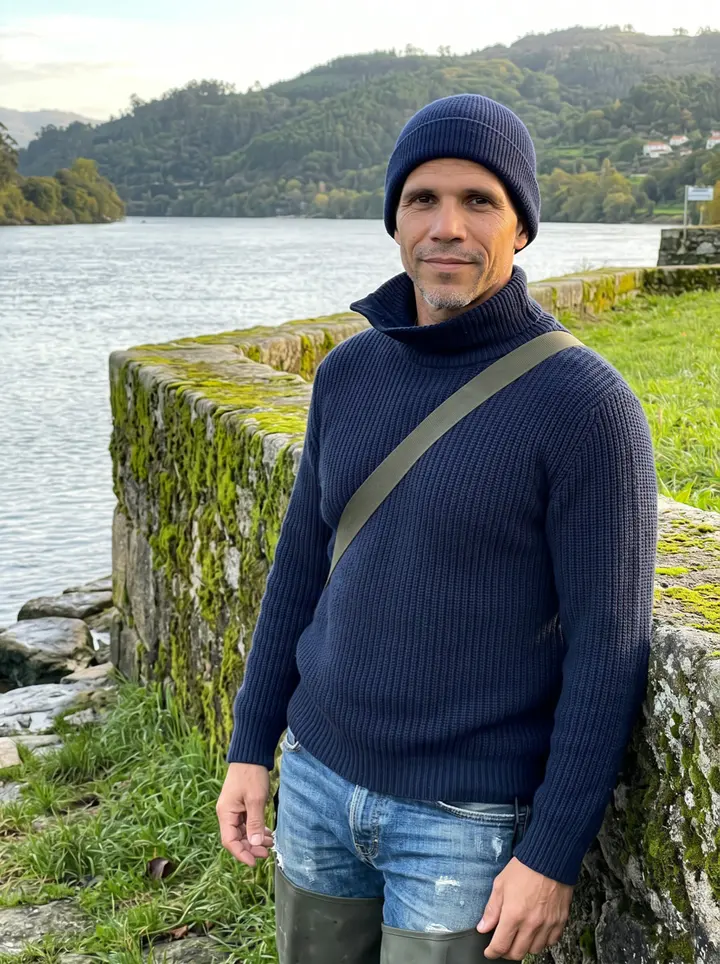 Xavi, AI character: a stone embankment on the Miño river near A Guarda, the river wide and calm behind him, green hills on the…