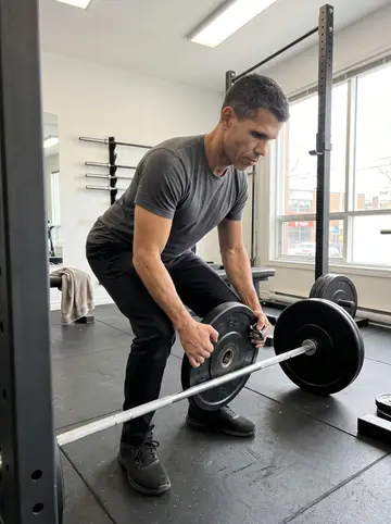 Xavi, AI character: the floor of his small gym in A Guarda: rubber flooring, a squat rack, plates stacked on a wall rack, a…