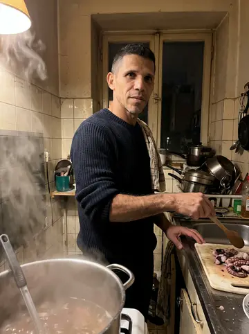 Xavi, AI character: his mother's old family kitchen on a Sunday evening, a big pot of water steaming on the stove, wooden…