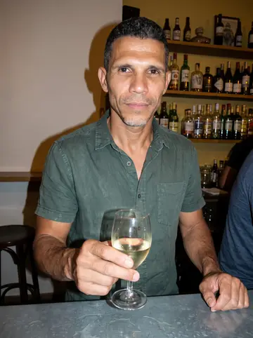 Xavi, AI character: a small bar on a stone street in A Guarda on a warm night, bottles on shelves behind the zinc counter,…
