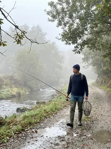 Xavi, AI character: a gravel track beside a small trout stream in the hills above A Guarda, low fog over the water, wet grass…
