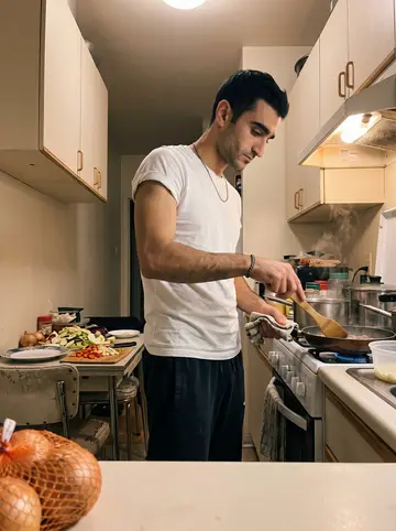 Vasileios, AI character: the narrow kitchen in the flat he shares with his sister, pots on the stove and a small table crowded with…