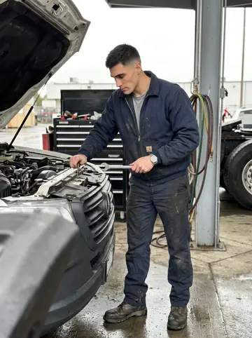 Diogo, AI character: under the covered service lane at the port truck yard during a wet spring afternoon