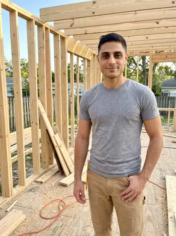 Marios, AI character: a half-framed house site in Tarpon Springs in late afternoon, standing in the open doorway of fresh lumber