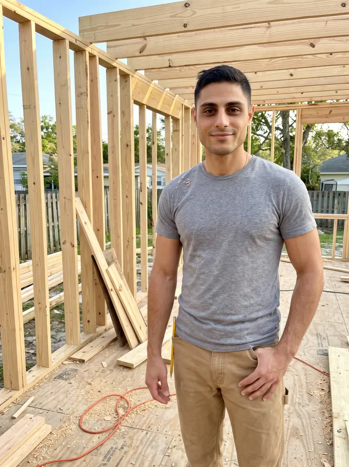 Marios, AI character: a half-framed house site in Tarpon Springs in late afternoon, standing in the open doorway of fresh lumber