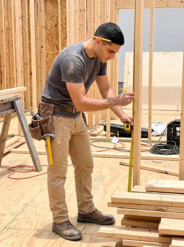 Marios, AI character: a hot open construction site near Tarpon Springs, plywood subfloor and wall studs around him