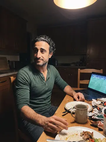 Ferran, AI character: his kitchen table after dinner, a laptop open to an old Barcelona match and a plate of leftovers pushed aside