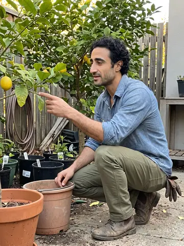 Ferran, AI character: the small backyard of the house he shares with Joan, beside their lemon tree and a row of labeled plant pots